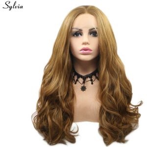 Sylvia 27 # Body Wave Lange Blonde Lace Front Pruik Hittebestendige Vezel Haar Synthetische Cosplay Kostuum Voor Vrouwen Make-Up drag Queen