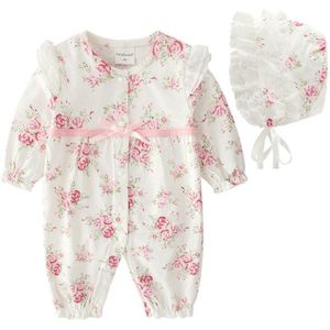 Bloemen Lint Pasgeboren Baby Meisje Kleding Ruches Lange Mouwen Prinses Jumpsuit Lente Baby Meisjes Bodysuit + Hoeden