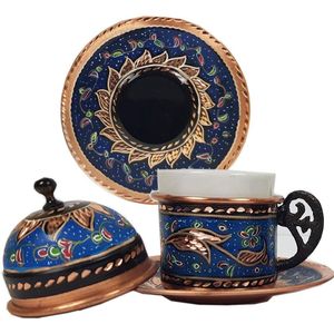 (Set Van 2) turkse Griekse Arabisch Marokkaanse Koffie Espresso Cups Set Van 2 En Schotels Met Deksel En Koperen Houder Handvat Demitasse V