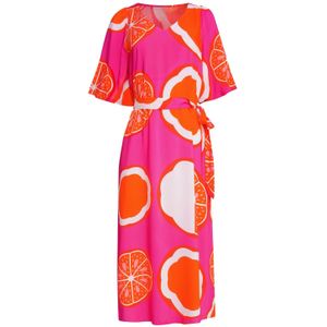 Smashed Lemon - 25028 - Midi Jurk - V-vormige Halslijn - Ballonmouwen - Grafisch Fruitprint