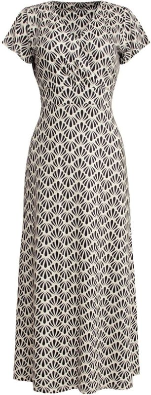 Smashed Lemon 25063 Maxi-Jurk - Off-white - Zwarte Schelpenprint - Silky Stretch