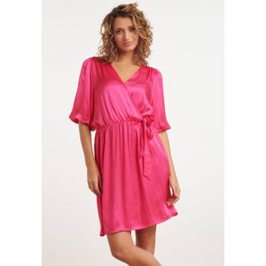 Smashed Lemon - A-lijn Jurk - Fuchsia - Satijn - V-vormige Halslijn