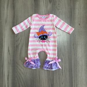 Girlymax Halloween Romper Baby Herfst Winter Romper Peuter Spider Heks Print Romper Baby Meisje Streep Roze Romper Met Ruches