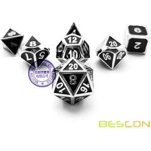 Bescon Deluxe Creatieve Glanzend Chroom en Zwart Emaille Effen Metalen Polyhedral Rollenspel RPG Game Dice Set van 7