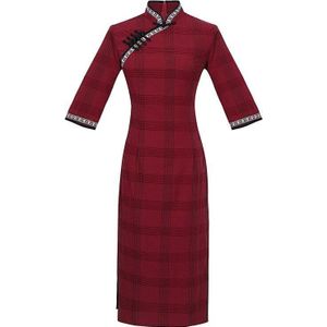 Herfst En Winter Cheongsam Plaid Katoen En Linnen Verse Retro Literaire En Artistieke Verbetering Mid-Lengte Cheongsam