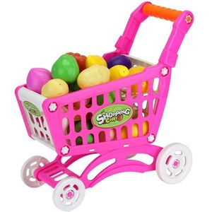 1Set Kids Simulatie Supermarkt Winkelwagentje Mini Trolley Met Fruit Groente Roze