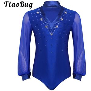 Mannen Glanzende Steentjes Mesh Lange Mouwen Bodysuit Dancewear Concurrentie Stage Performance Kostuum Ballroom Latin Dans Turnpakje