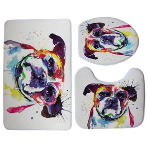 Miracille Kleurrijke Pug Franse Bulldog Print 3 Stks/set Winter Wc Stoelhoezen Zachte Warmer Wasbare Badkamer Non Slip Gebied Tapijt