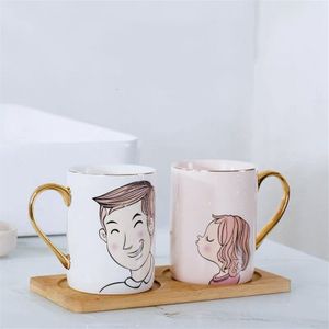 Keramische Paar Mondwater Kopjes Huishoudelijke Badkamer Nordic Creatieve Tandenborstel Cups Met Houten Dienblad Familie Tumbler Set Huwelijksgeschenken