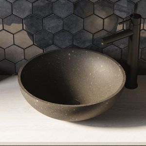 Brauer Molten Rond Opzetwastafel Rond 42cm Natuursteen Bastalt Zwart - 8720359350909 - Wastafels - Opzetwastafels