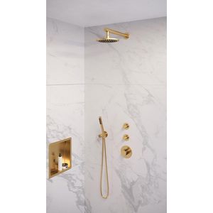 Regendoucheset inbouw brauer gold edition thermostatisch 20 cm met wandarm en handdouche staaf losse stopkranen geborsteld goud