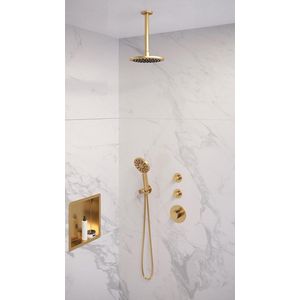 Brauer Gold Edition thermostatische inbouw doucheset - geborsteld goud PVD - hoofddouche 20cm - plafondsteun - ronde handdouche
