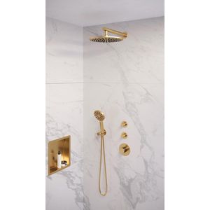 Brauer Gold Edition Regendoucheset inbouw - hoofddouche 30cm - 3 gladde knoppen - rechte wandarm - handdouche rond 3 standen - PVD - geborsteld goud 5-GG-030