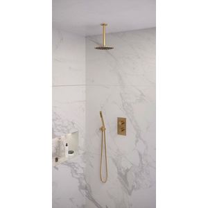 Brauer Gold Edition inbouwset met 3-weg thermostaat - hoofddouche 20cm - plafondbuis 20cm - staafhanddouche - wandaansluiting - geborsteld goud PVD