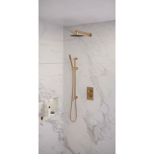 Brauer Gold Edition inbouwset met 3-weg thermostaat - hoofddouche 20cm - rechte wandarm 40cm - staafhanddouche - glijstang met aansluitbocht - geborsteld goud PVD