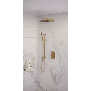 Brauer Gold Edition inbouwset met 3-weg thermostaat - hoofddouche 30cm - rechte wandarm 40cm - staafhanddouche - glijstang met aansluitbocht - geborsteld goud PVD