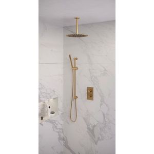 Brauer Gold Edition inbouwset met 3-weg thermostaat - hoofddouche 30cm - plafondbuis 20cm - staafhanddouche - glijstang met aansluitbocht - geborsteld goud PVD