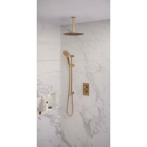 Regendoucheset Inbouw Brauer Gold Edition Thermostatisch 30cm met 3-Weg Omstelling, Plafondarm, Glijstang en Handdouche 3-Standen Geborsteld Goud Brauer