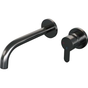 Inbouw wastafelmengkraan brauer gunmetal edition coldstart gebogen uitloop korte platte hendel rechts geborsteld gunmetal pvd met rozetten