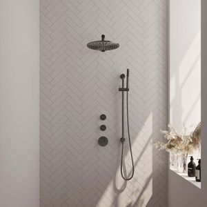 Regendoucheset inbouw brauer gunmetal edition thermostatisch 30 cm met wandarm, glijstang en handdouche staaf losse stopkranen geborsteld gunmetal