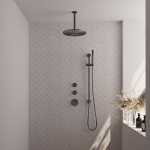 Regendoucheset Inbouw Brauer Gunmetal Edition Thermostatisch 30cm met Plafondarm, Glijstang en Handdouche Staaf Losse Stopkranen Geborsteld Gunmetal