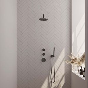 Regendoucheset inbouw brauer gunmetal edition thermostatisch 20 cm met gebogen wandarm en handdouche staaf losse stopkranen geborsteld gunmetal
