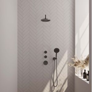 Regendoucheset inbouw brauer gunmetal edition thermostatisch 20 cm met gebogen wandarm en handdouche 3-standen losse stopkranen geborsteld gunmetal