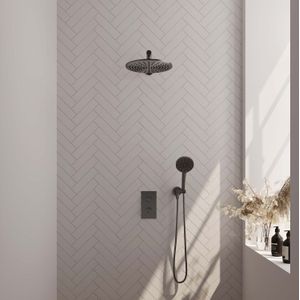 BRAUER Gunmetal Edition thermostatische inbouw regendouche 3-weg omstelling SET 32 met 30 cm douchekop en rechte muurarm en 3-standen handdouche en doucheslang en wandaansluitbocht gunmetal geborsteld PVD