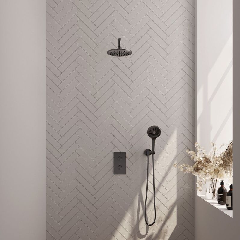 Regendoucheset inbouw brauer gunmetal edition thermostatisch 20 cm met 3-weg omstelling, gebogen wandarm en 3-standen handdouche geborsteld gunmetal
