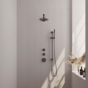 Regendoucheset inbouw brauer gunmetal edition thermostatisch 20 cm met wandarm, glijstang en handdouche staaf losse stopkranen geborsteld gunmetal