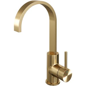 Wastafelmengkraan Brauer Gold Carving Coldstart Opbouw Hoog Plat Gebogen Ronde Hendel Geborsteld Goud PVD PVD