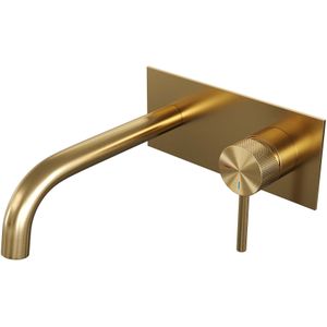 Inbouw Wastafelmengkraan Brauer Gold Carving Coldstart Gebogen Uitloop Ronde Hendel Rechts Geborsteld Goud PVD Met Afdekplaat