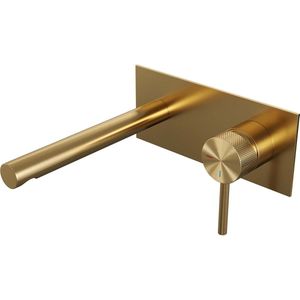 Inbouw wastafelmengkraan brauer gold carving coldstart rechte uitloop ronde hendel rechts geborsteld goud pvd met afdekplaat