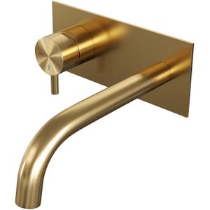Inbouw Wastafelmengkraan Brauer Gold Edition Coldstart Gebogen Uitloop Korte Ronde Hendel Links Geborsteld Goud PVD Met Afdekplaat