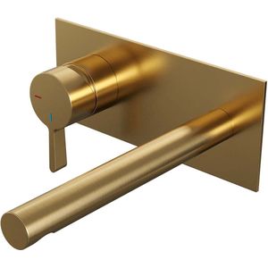 Inbouw wastafelmengkraan brauer gold edition coldstart rechte uitloop halfronde hendel links geborsteld goud pvd met afdekplaat