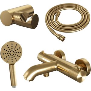 Brauer Carving S04 - Badkraan met Handdouche - Geborsteld Goud PVD - Opbouw - Thermostatisch - 2 Greeps - met Wandhouder en Doucheslang