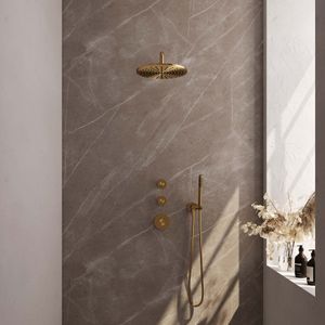 BRAUER Gold Carving thermostatische inbouw regendouche SET 04 met 30 cm douchekop en gebogen muurarm en staaf handdouche en doucheslang en wandaansluitbocht goud geborsteld PVD