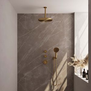 Brauer Gold Carving thermostatische inbouw doucheset - hoofddouche 30cm - plafondbuis - 3 standen handdouche rond - goud geborsteld PVD