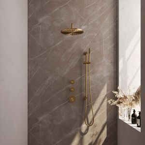 Brauer Gold Carving Thermostatische Inbouw Doucheset - Hoofddouche 30cm - Gebogen Wandarm - Staafhanddouche - Met Glijstang - Goud Geborsteld PVD