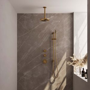 Regendoucheset Inbouw Brauer Gold Carving Thermostatisch 20cm met Plafondarm, Glijstang en Handdouche Staaf Losse Stopkranen Geborsteld Goud