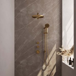 Regendoucheset Inbouw Brauer Gold Carving Thermostatisch 30cm met Wandarm, Glijstang en Handdouche 3-Standen Losse Stopkranen Geborsteld Goud
