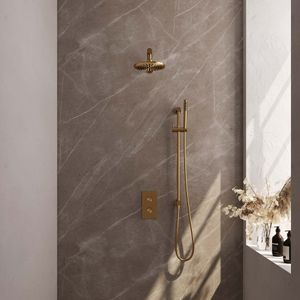 Regendoucheset Inbouw Brauer Gold Carving Thermostatisch 20cm met 3-Weg Omstelling, Wandarm, Glijstang en Staaf Handdouche Geborsteld Goud
