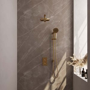 Regendoucheset inbouw brauer gold carving thermostatisch 20 cm met 3-weg omstelling, wandarm, glijstang en handdouche 3-standen geborsteld goud