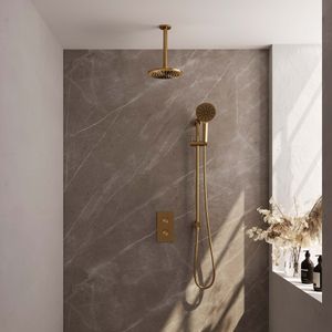 Regendoucheset inbouw brauer gold carving thermostatisch 20 cm met 3-weg omstelling, plafondarm, glijstang en handdouche 3-standen geborsteld goud