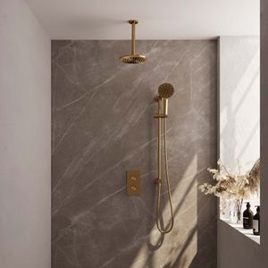 Brauer Gold Carving inbouwset met 3-weg thermostaat - hoofddouche 20cm - plafondbuis 20cm - ronde 3-standen handdouche - glijstang met aansluitbocht - geborsteld goud PVD