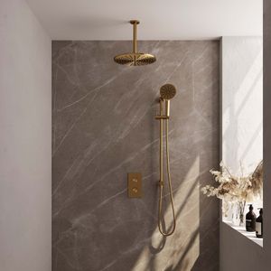 Brauer Gold Carving inbouwset met 3-weg thermostaat - hoofddouche 30cm - plafondbuis 20cm - ronde 3-standen handdouche - glijstang met aansluitbocht - geborsteld goud PVD
