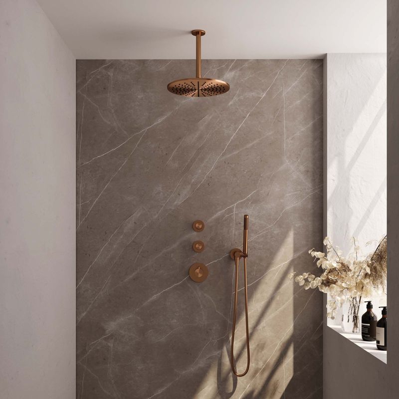 Regendoucheset inbouw brauer copper carving thermostatisch 30 cm met plafondarm en handdouche staaf losse stopkranen geborsteld koper