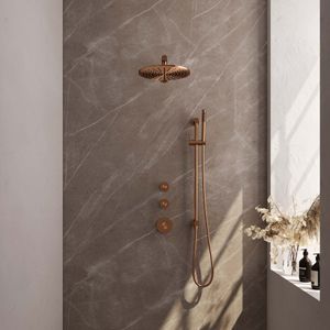 Regendoucheset inbouw brauer copper carving thermostatisch 30 cm met wandarm, glijstang en handdouche staaf losse stopkranen geborsteld koper
