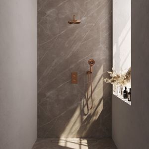 Regendoucheset inbouw brauer copper carving thermostatisch 20 cm met 3-weg omstelling, gebogen wandarm en 3-standen handdouche geborsteld koper