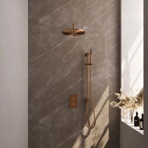 Regendoucheset inbouw brauer copper carving thermostatisch 30 cm met 3-weg omstelling, gebogen wandarm, glijstang en staaf handdouche geborsteld koper